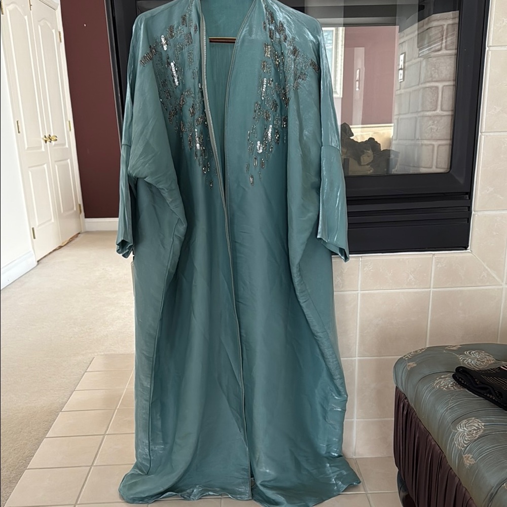 Elegant silks Teal Kimono with Sequin Details ( Abaya )
